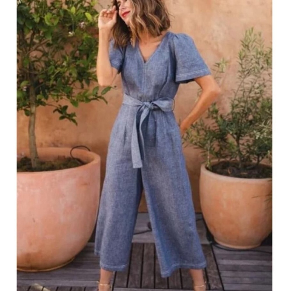 Gal Meets Glam Billie Chambray Blue Cropped Jumpsuit 8
